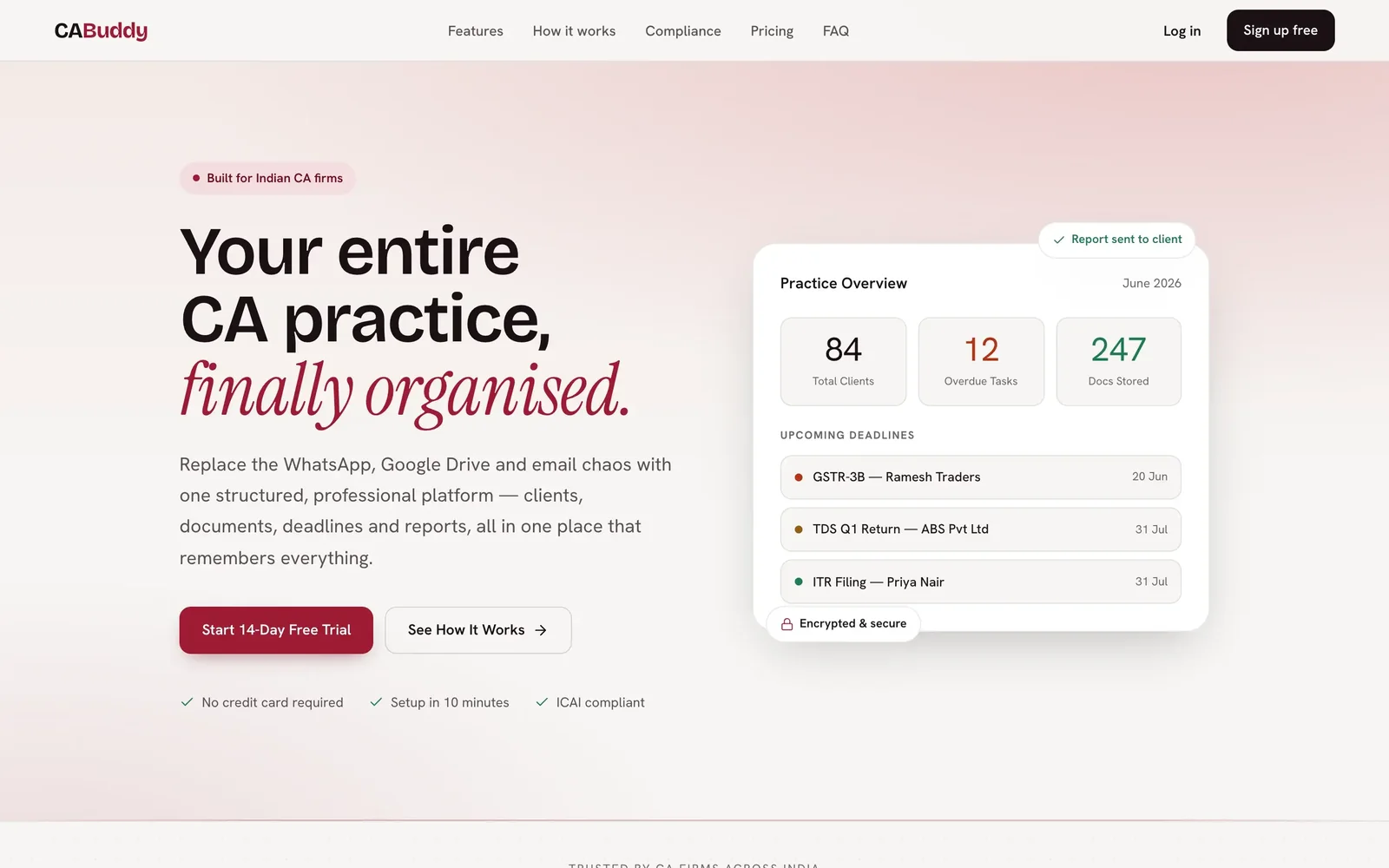 The CA Buddy home page, with a practice overview showing client, task and document counts and upcoming filing deadlines.
