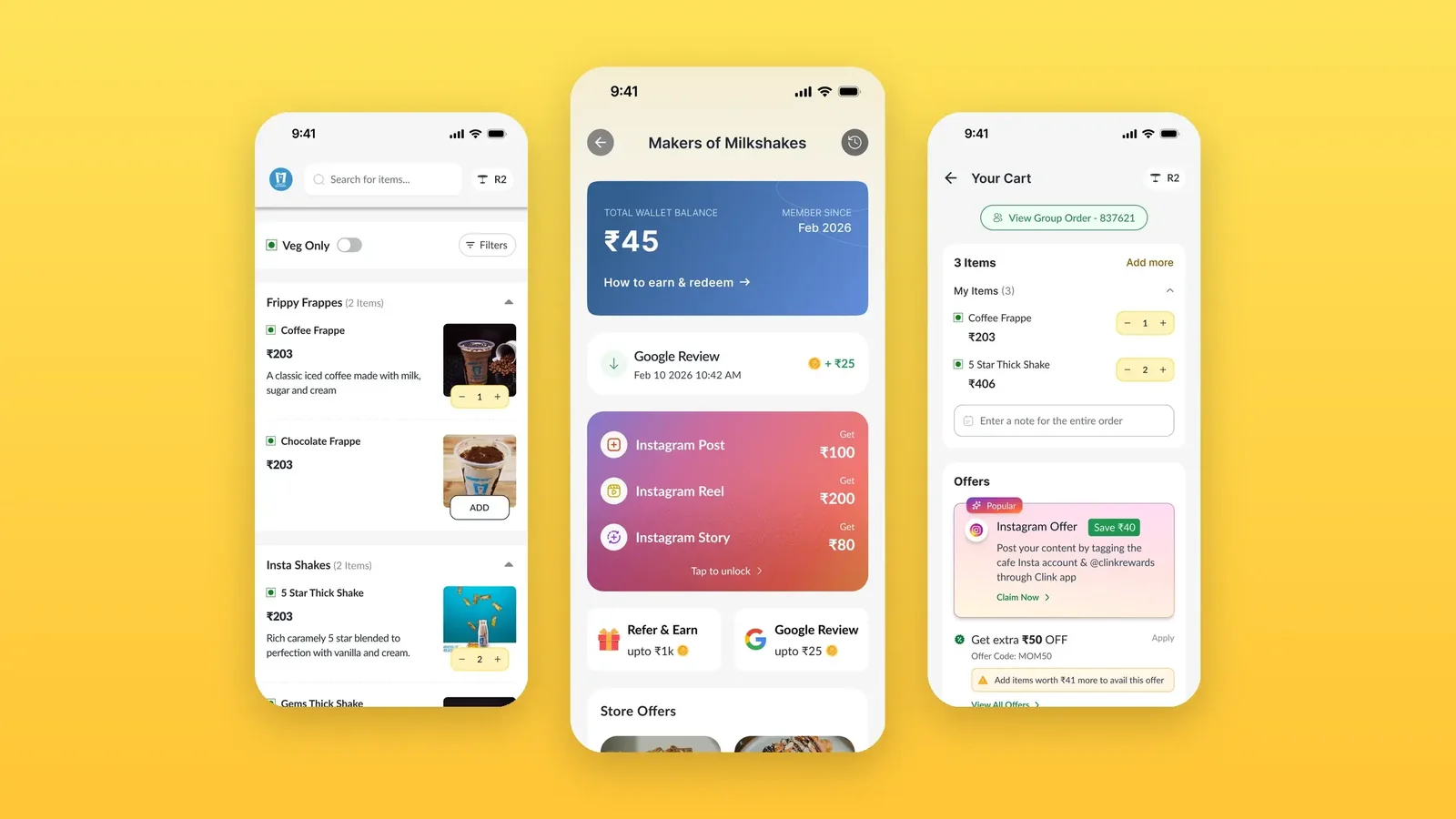 Three screens of the Clink app: a cafe menu, a rewards wallet with Instagram offers, and a cart with a group order.