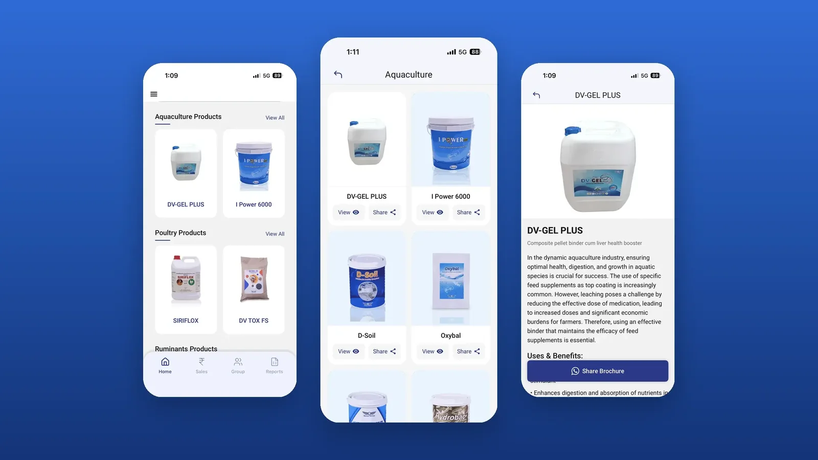 Three screens of the Devee field app: a product catalogue by category, an aquaculture product list, and a product page with a share brochure button.
