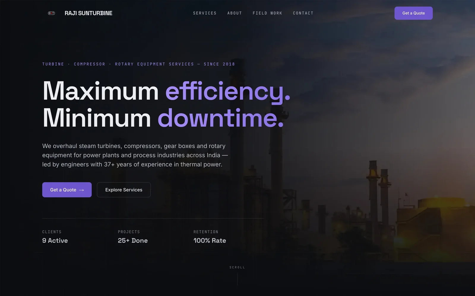 The Raji Sunturbine home page, a dark site for a turbine and compressor overhauling firm with a Get a Quote button.